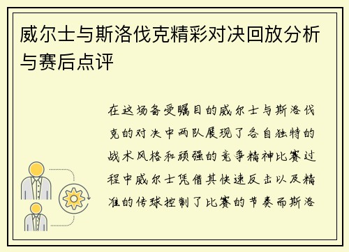 威尔士与斯洛伐克精彩对决回放分析与赛后点评